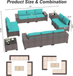 ALAULM 12 Pieces Outdoor Patio Furniture Set Sectional Sofa Sets Brown PE Rattan Patio Conversation Set w/10 Turquoise Blue Seat Cushions and 2 Coffee Tables
