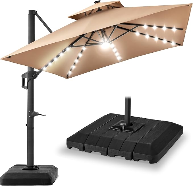 Best Choice Products 9x12ft LED Cantilever Patio Umbrella w/Base Included & 360° Rotation, Large Solar Offset Hanging Outdoor Sun Shade for Deck, Backyard Table w/Stand & Lights – Tan