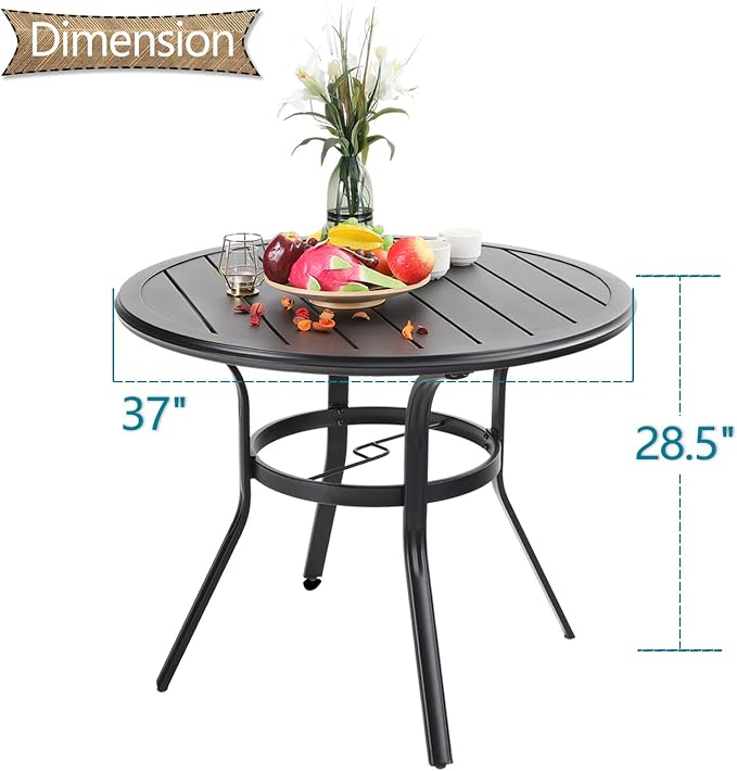 Dining Table, 38 Inch Round Black Metal Patio Table with Umbrella Hole