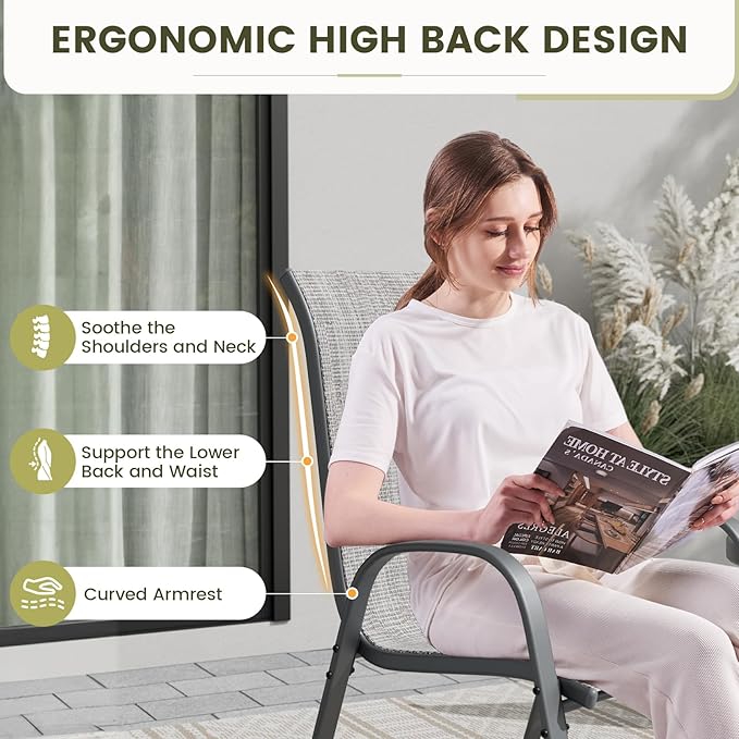 Patio Chairs Set of 4, Stackable Outdoor Dining – Light Grey