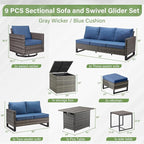 Belord Outdoor Sectional Sofa with 41" Propane Fire Pit Table - 9 Piece Patio Conversation Set with Storage Box and Swivel Rocker Chairs All-Weather PE Wicker Furniture Set Gray