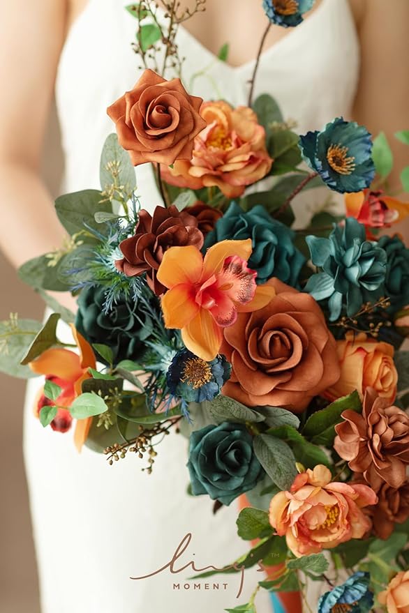 Artificial Bridal Bouquet with Pearls, Teal and Orange Silk Flowers