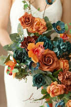 Artificial Bridal Bouquet with Pearls, Teal and Orange Silk Flowers