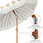 AMMSUN 7ft Patio Umbrella with Fringe Outdoor Tassel Umbrella UPF50+ Premium Steel Pole and Ribs Push Button Tilt, Stripe Beige