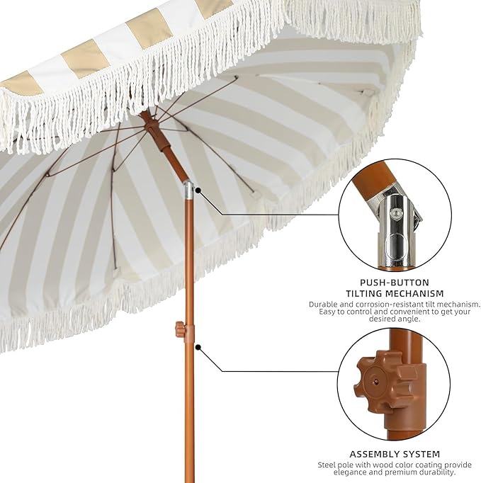 AMMSUN 7ft Patio Umbrella with Fringe Outdoor Tassel Umbrella UPF50+ Premium Steel Pole and Ribs Push Button Tilt, Stripe Beige