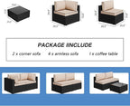 Shintenchi 7 Pieces Outdoor Patio Sectional Sofa Couch, Wicker Furniture Conversation Sets with Washable Cushions & Glass Coffee Table for Garden, Poolside, Backyard (Khaki)