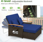 Tangkula Patio Rattan Daybed with 4-Level Adjustable Backrest, Outdoor Wicker Loveseat with Acacia Wood Armrest, Storage Ottoman & Folding Tray, Double Sunbed for Balcony, Backyard & Poolside (Navy)