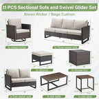 Belord Spacious 11 Pieces Patio Conversation Set - 5-Seater Outdoor Furniture Sectional Sets with Swivel Glider Chairs Set of 4 and Storage Box, Metal Top Coffee Table with Embedded Ottoman Brown