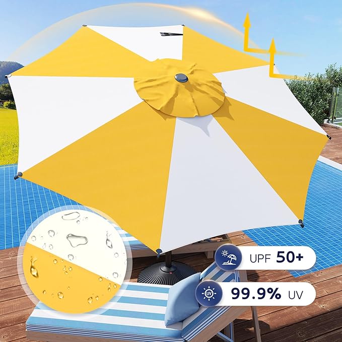 Abba Patio 9FT Lyon Outdoor Patio Umbrella Outdoor Table Umbrella with Crank Market Umbrella 8 Sturdy Ribs UV Protection Waterproof and Push Button Tilt for Garden Deck Backyard Pool,Yellow & Cream
