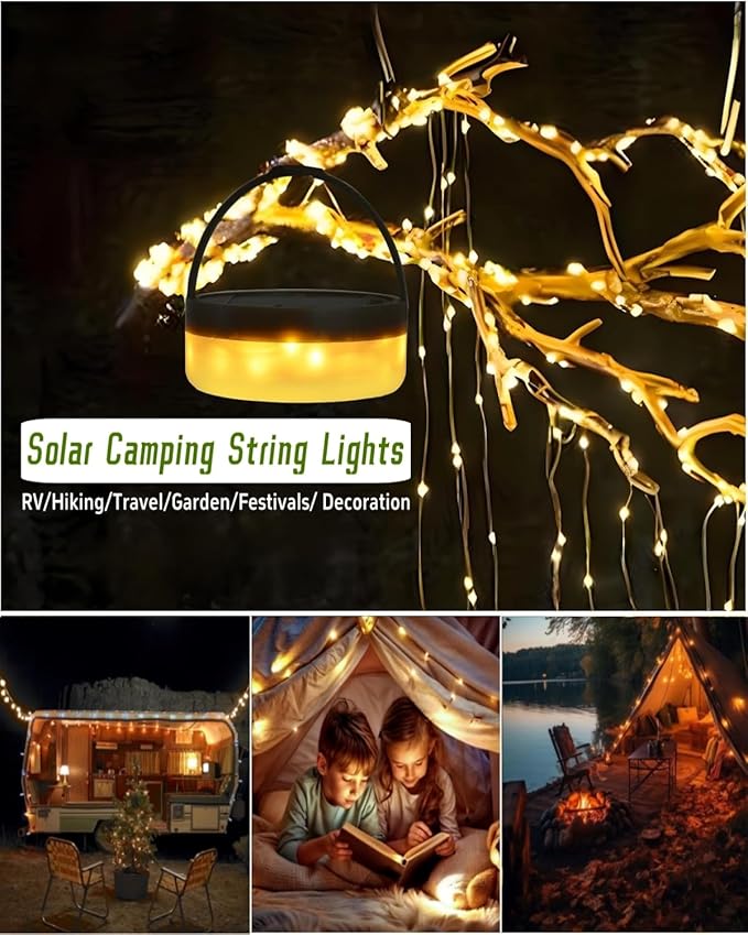 String Lights for Camping, Solar Powered, 150 Warm White LEDs
