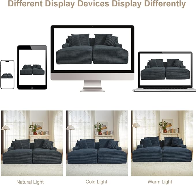 80" Double Chaise Lounge Chair Indoor, Oversized Boneless Couch Comfy Upholstered Sleeper Sofa Bed with 4 Pillows, Corduroy Cloud Loveseat Chair for Living Room No Assembly Required, Dark Grey