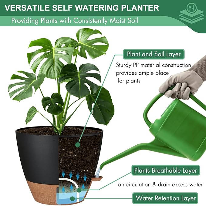 2 Pack 10 inch Plant Pots, PP Plastic Self Watering Plant Pot with Drainage and Tray for Indoor Outdoor Plants , Water Level Window & Reservoir Flower Pots Decorative Planter (Black, 10 Inch)