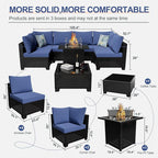 8 Piece Patio Furniture Set with Fire Pit Table, Wicker Outdoor Sectional Sofa, Conversation Set for Backyard, Garden, Deck (Coffee/Blue)