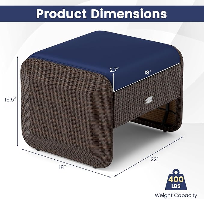 Patio Ottomans Set of 2, Navy PE Rattan with Removable Cushions