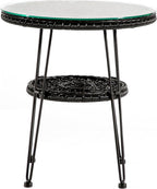 Furniture of America Ysar Boho 19-inch Round Coffee Table Outdoor with Tempered Glass Top and Metal Frame, Handcrafted Coastal Furniture for Patio, Poolside, Garden, Yard, Black