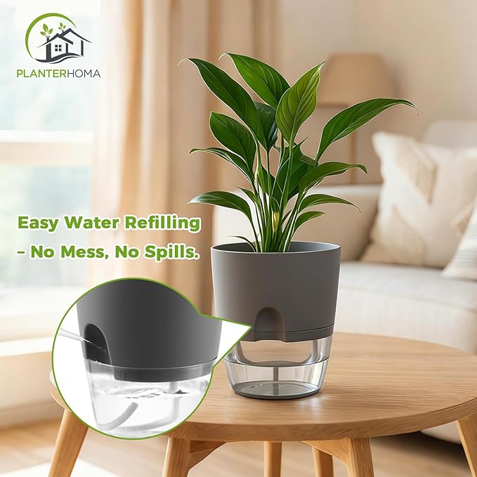 Planterhoma 8 Pack Self Watering Pots for Indoor Plants, 6 Inch Plant Pot Plastic Self Watering Planter for Orchid, African Violet, Small Clear Flower Pots with Drainage Holes and Wicking Rope, Gray