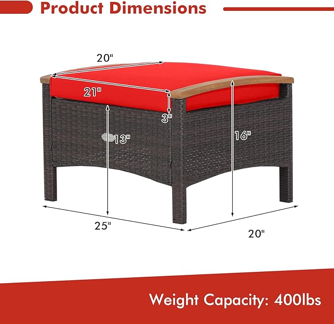 Tangkula 2 Piece Patio Rattan Ottomans, Outdoor Wicker Footstool w/Acacia Wood Handles, Soft Zippered Cushions, 3-in-1 Function Footstool Seat & Side Table for Backyard, Balcony, Poolside (Red)
