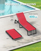 Aluminum Chaise Lounge Chair Outdoor, Foldable & Assembly Free Patio Pool Lounge Chairs 5-Position Recliner for Outside Poolside, Fully Grounded Legs Sun Lounger for Beach, Yard, Red