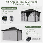 Aoxun 10'x12' Hardtop Gazebo, Aluminum Frame Canopy with Double Galvanized Steel Roof, Outdoor Metal Pavilion with Netting Curtains and 20 inch Ceiling Fans with Lights for Backyard, Patio and Deck