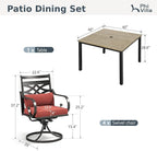 PHI VILLA 5 Pieces Outdoor Dining Set for 4, 42" Square Brown Metal Table with Umbrella Hole & Wrought Iron Swivel Chairs, Large Outside Furniture with Red Cushions & Pillows for Patio, Deck, Porch