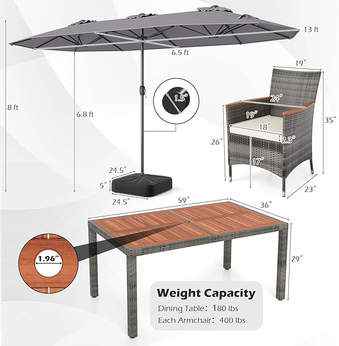 Tangkula 9 Piece Rattan Outdoor Dining Set with 13Ft Umbrella for 6, Outdoor Wicker Table Set with 6 Cushioned Armchairs, Acacia Wood Top, Outdoor Umbrella & with Base Included