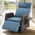 Adjustable Outdoor Recliner Chair with Independent Backrest & Footrest, Patio Swivel Recliner Chair, Wicker Reclining Patio Chair w/Flip-Up Table, Air Pump 155° Lay Flat Chaise Lounge, Blue