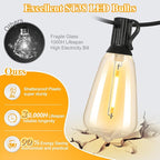Brightever LED Outdoor String Lights 100FT Patio Lights with 52 Shatterproof 2200K ST38 Vintage Edison Bulbs, Amber Outside Hanging Light Waterproof for Porch, Deck, Garden, Dimmable Amber Lights