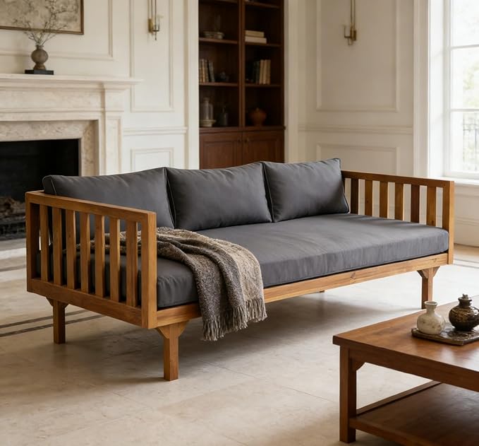 Merax Solid Acacia Wood Couch Chaise Lounge Chair Indoor, 3 Seater Daybed Sofa Couches with Cushions & Pillow, Heavy Frame Day Bed for Living Room, Office, Outdoor, Balcony, Patio, Water Resistant
