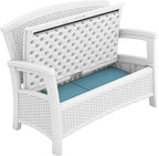Suncast Elements Stylish Lightweight Loveseat Outdoor Seating with Convenient Built In Universal Storage, and All Weather Plastic, White