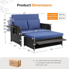 VINGLI Patio Daybed, Wicker Outdoor Daybed with Storage Ottoman & 5-Level Adjustable Backrest, All-Weather Rattan Cushioned Patio Loveseat Sofa for Garden Balcony Backyard (Navy, Brown)