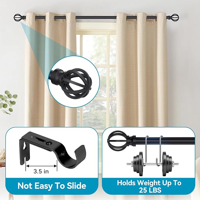 Black Curtain Rods for Windows, 5/8 Inch Heavy Duty 66 to 120” Small Curtain Rod Set with Brackets - Adjustable Drapery Rods for Livingroom, Outdoor Patio, Sliding Door