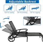 VINGLI Cast Aluminum Outdoor Chaise Lounge Chair with Wheels, Patio Chaise Lounge with 3-Position Adjustable Backrest, Tanning Chair Reclining Chair for Poolside (Black, Without Cushion)