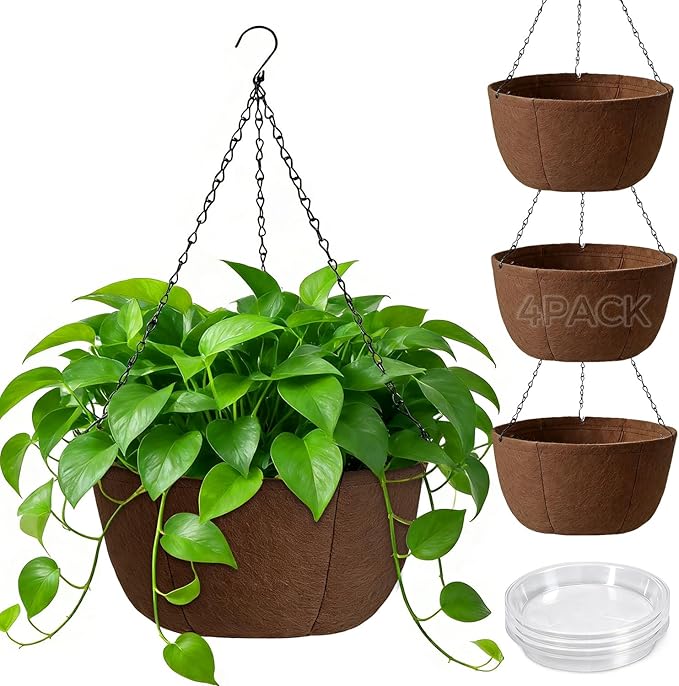T4U Hanging Planters for Outdoor Plants, 10 Inch 4 Pack Fabric Hanging Baskets with Drainage Tray, Decorative Hanging Pots for Plants Outdoor Patio Porch Garden Use（Brown）
