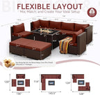 NICESOUL 9 Pcs Large Outdoor Patio Furniture Set with Firepit Natural Gas & Propane, 29.3 High Back Comfy Conversations Sofa Sets Modular, Wide Sectional for Heavy Weight, Brown Rattan and Red Cushion