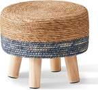 Wimarsbon Round Foot Stool Natural Seagrass Poufs Ottoman Hand Weave Footrest Stool for Couch Desk Extra Seat Step Stool with Solid Wood Legs for Hallway Patio Lounge Blue