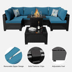 8 Piece Patio Furniture Set with Fire Pit Table, Rattan Outdoor Sectional Sofa, Durable Conversation Set for Backyard, Garden, Deck (Coffee/Peacock Blue)