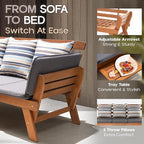IDZO Amelie Eucalyptus Convertible Outdoor Sofa, 750lbs Capacity Patio Couch with Folding Armrest & Coffee Tray, FSC Certified Wood Furniture Set with 3 Pillows, High Static Load - Gray
