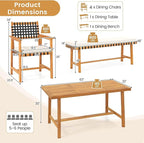 Tangkula 6 Piece Patio Dining Set for 5-6 People, 63” Outdoor Acacia Wood Table with 1.97” Umbrella Hole & Bench & 4 Cushioned Armchairs, for Deck Yard and Poolside