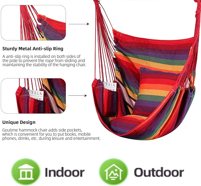 Hammock Chair Cotton Rope Swing for Indoor or Outdoor Use, 330 lb Max