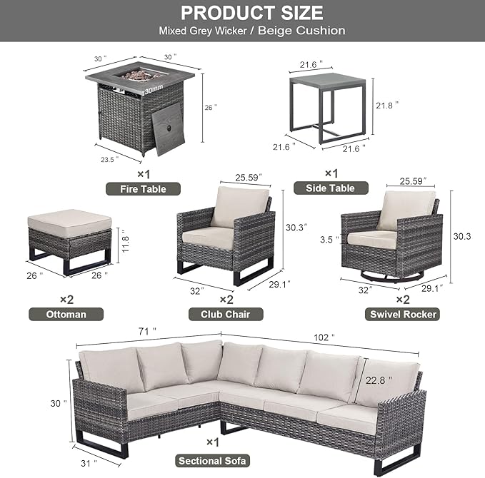 Patio Sectional Furniture Set with Fire Pit Table: 10 Pieces Wicker Patio Conversation Set with L Shaped Sofa, Outdoor Swivel Glider Rocker, Rattan Club Chairs, Ottomans, Removable Cushions Beige