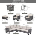 Patio Sectional Furniture Set with Fire Pit Table: 10 Pieces Wicker Patio Conversation Set with L Shaped Sofa, Outdoor Swivel Glider Rocker, Rattan Club Chairs, Ottomans, Removable Cushions Beige