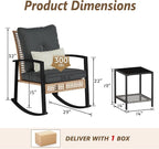 3 Piece Patio Rocking Chairs Set of 2, Outdoor Rocking Chair Bistro Set with Tempered Glass Coffee Table and Thick Lumbar Pillow Set, Front Porch Chairs for Garden, Backyard (Gray Cushion)