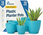 Blue Plant Pots with Drainage Holes & Saucers 15 Pack, Indoor & Outdoor Stackable Space-Saving Planters for Houseplants & Flowers, (7", 6.7", 6", 5.3", and 4.8" Inches), Durable & Weatherproof