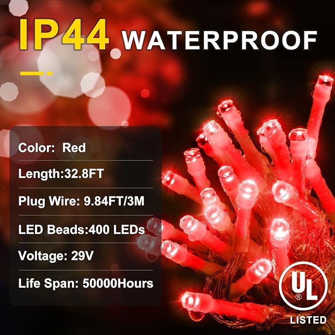 String Lights, 400 LED, 33 ft Red, 8 Lighting Modes for Indoor and Outdoor Use