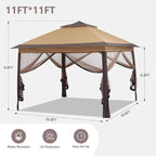 GDY 11x11 Pop Up Canopy Tent, Outdoor Canopy with Netting, Outdoor Gazebo for Backyard, Tent with Handbag, Brown.