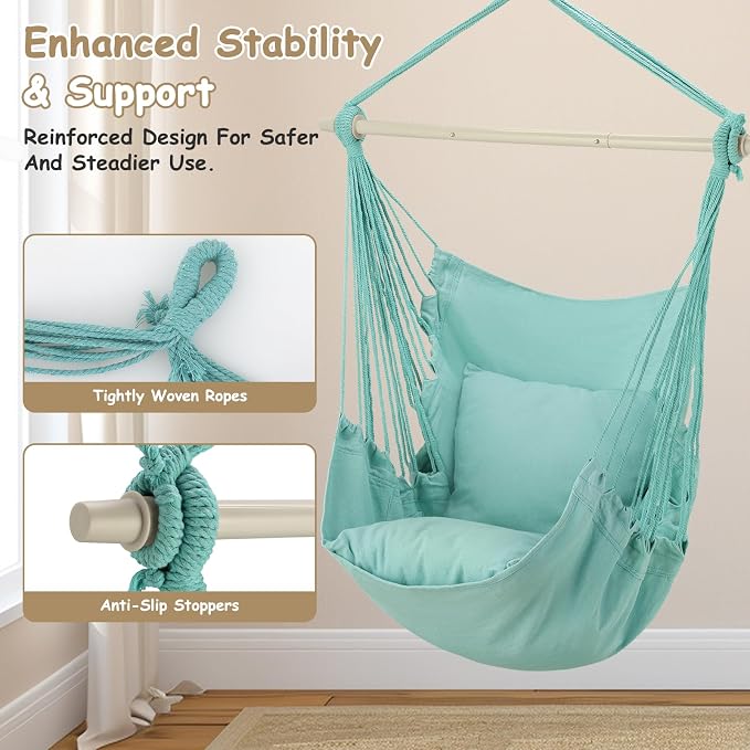 Green Macrame Hammock Chair with 2 Cushions, 350 lb Max Weight