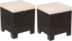 Outsunny 2 Pieces Outdoor Patio Ottomans, All Weather Wicker Outdoor Footstools with Removable Cushions, 3-in-1 PE Rattan Ottoman Seat, Footrest and Side Table for Backyard, Poolside, Cream White
