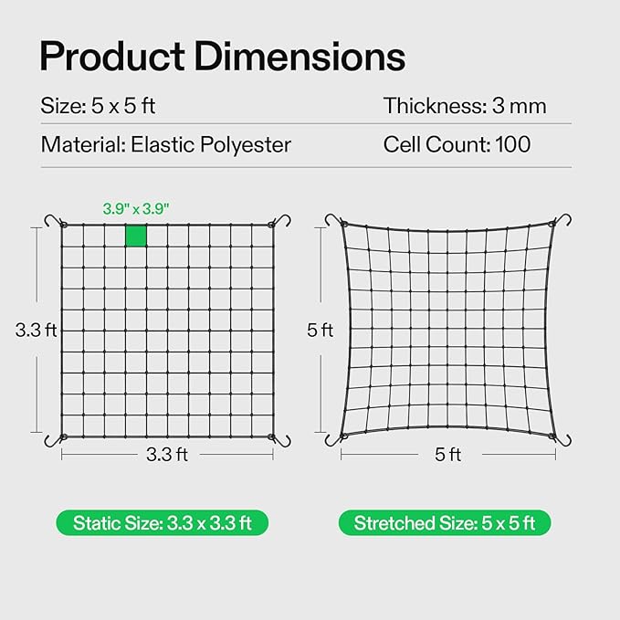VIVOSUN 5 x 5Ft. Elastic Trellis Netting with 4 Hooks for Climbing Plants, Vegetables, Fruits, and Flowers, 2-Pack