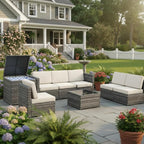 Tangkula 8 Pieces Wicker Patio Furniture Set with Storage Deck Box, PE Rattan Outdoor Sectional Sofa Conversation Set with Coffee Table & Cushions, Outside Furniture for Garden Yard Poolside (White)