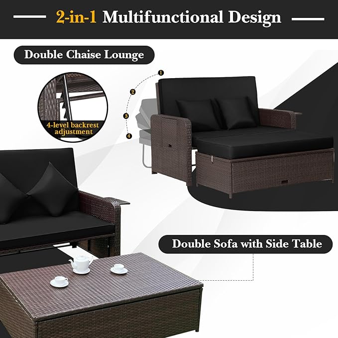 Outdoor Wicker Daybed Sofa Set, Black Rattan with Storage Ottoman